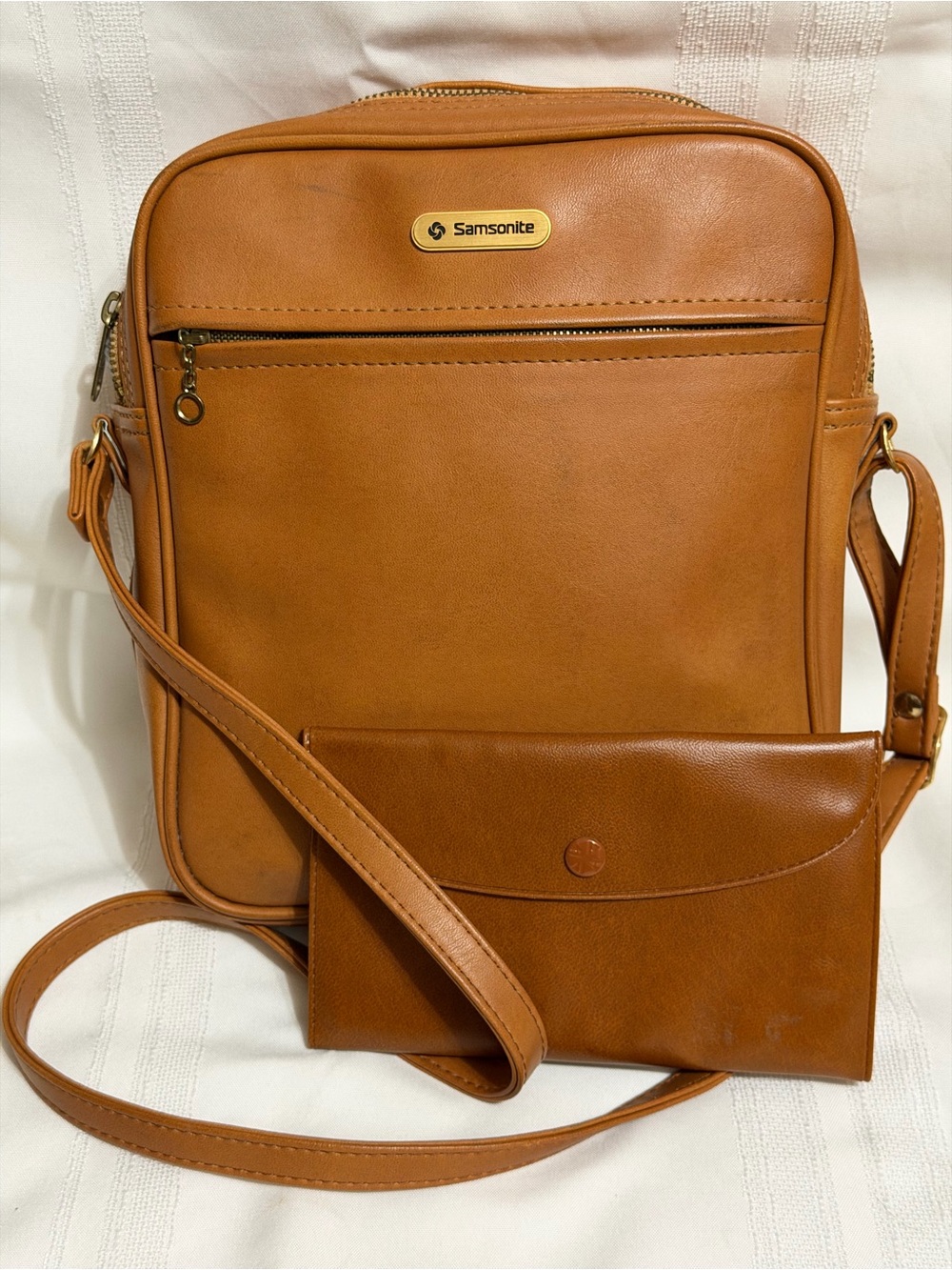 Vtg Samsonite 70s Travel Shoulder Bag Purse W/ Wallet Brown/Tan Faux Leather